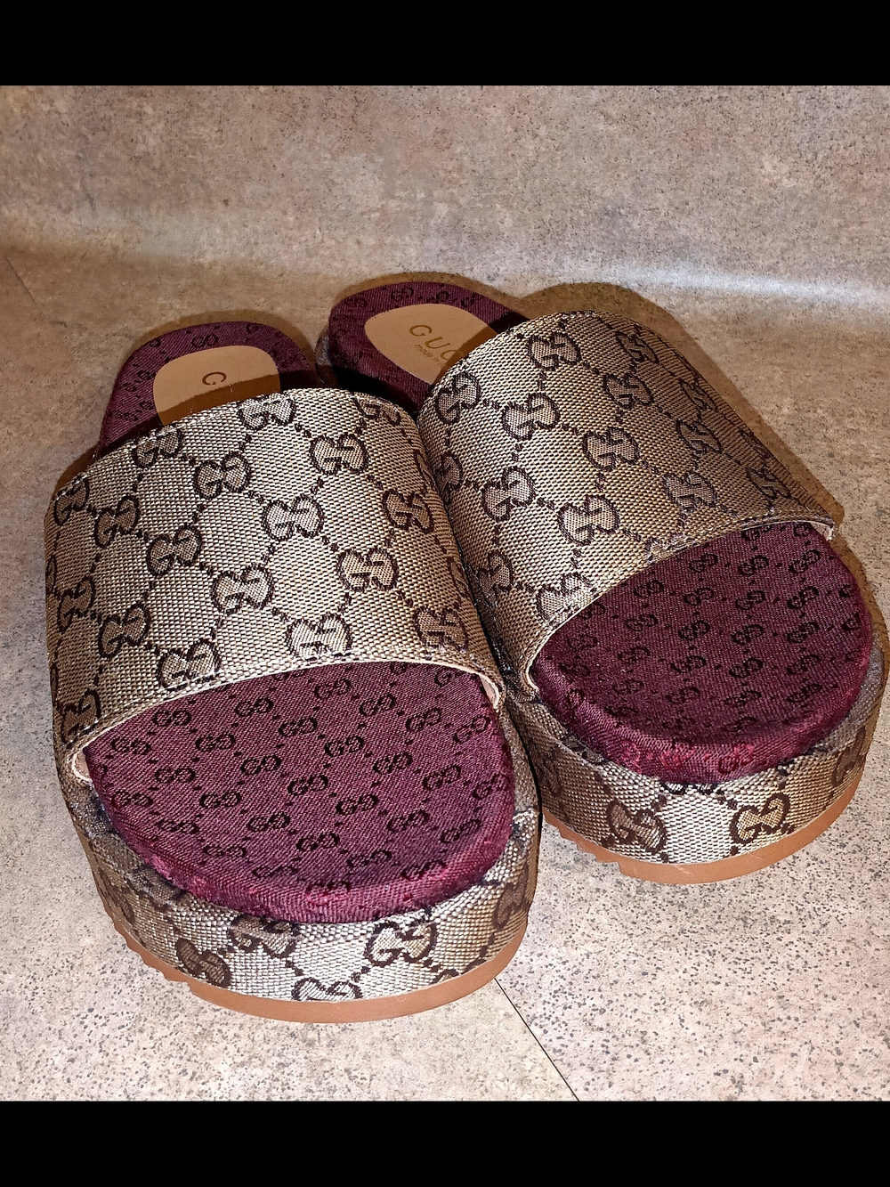 Gucci Monogram Slide Mules in Beige and Burgundy